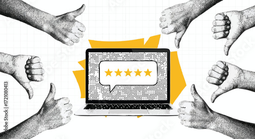 A laptop screen displays a five-star rating with a speech bubble, surrounded by numerous hands giving thumbs up and thumbs down gestures, illustrating customer feedback and online reviews.