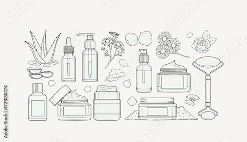 Line art illustration showcasing various skincare products, including bottles, jars, flowers, and a face roller.