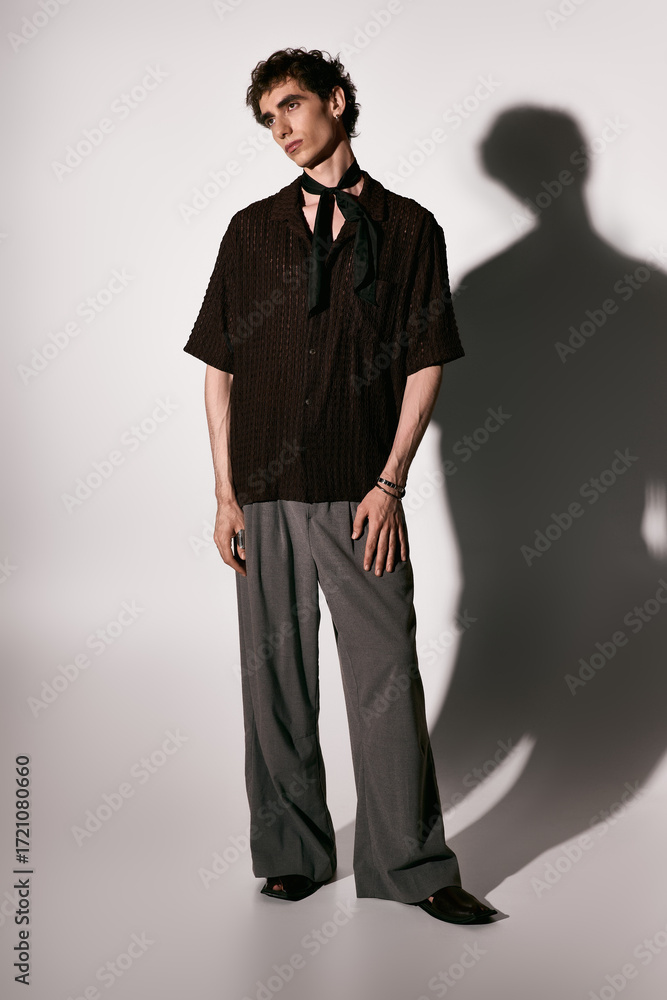 Fototapeta premium Handsome young man showcases stylish attire in a minimalistic studio setting