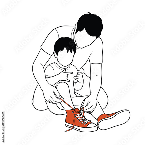 Vector art of father tying shoelaces for his son, teaching, fatherhood