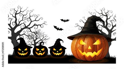 Spooky Halloween Pumpkin Patch: A trio of jack-o'-lanterns cast an eerie glow as they prepare for a Halloween celebration, joined by a larger pumpkin sporting a witch's hat and hovering bats.&#x20;

