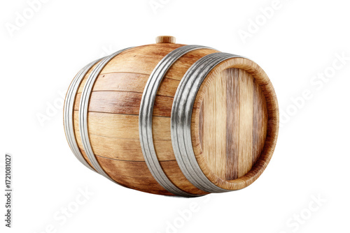 Wooden oak barrel with metal hoops for whiskey and wine storage, cut out