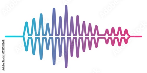 A vibrant soundwave visualization with smooth vertical bars in gradient colors, transitioning from cyan to blue to purple to pink. The waveform is symmetrical, glowing softly against a clean white bac