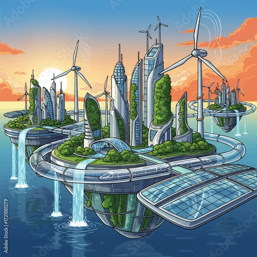 Stunning futuristic eco-city floats on water, powered by wind turbines and solar panels, showcasing sustainable urban living with cascading waterfalls and advanced transport