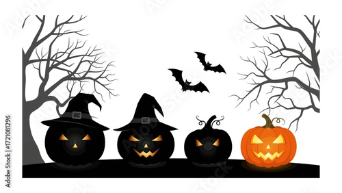 Halloween Night: A spooky scene, showcasing grinning jack-o'-lanterns with witch hats, haunted trees, and bats, all in a festive holiday celebration.