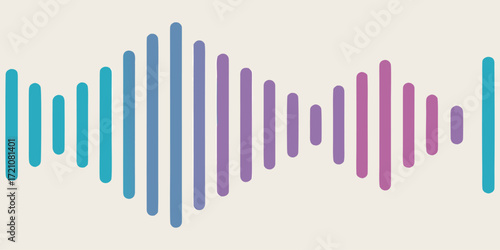 A vibrant soundwave visualization with smooth vertical bars in gradient colors, transitioning from cyan to blue to purple to pink. The waveform is symmetrical, glowing softly against a clean white bac