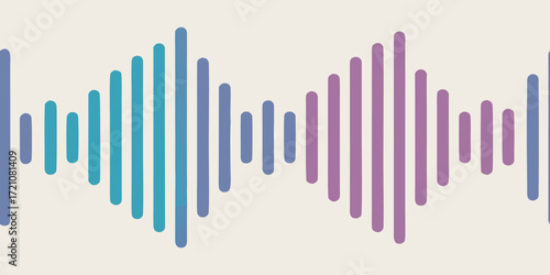 A vibrant soundwave visualization with smooth vertical bars in gradient colors, transitioning from cyan to blue to purple to pink. The waveform is symmetrical, glowing softly against a clean white bac
