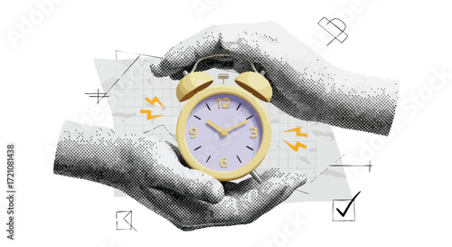 A conceptual illustration of time management with hands holding a ringing alarm clock over a schematic plan.