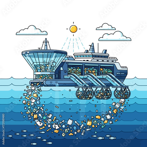 Innovative ocean cleanup vessel actively collecting plastic debris to restore marine ecosystems and protect aquatic life from pollution.
