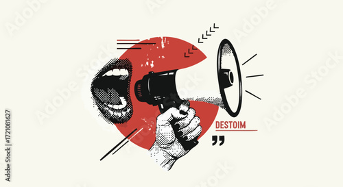 A stylized illustration of a hand holding a megaphone with an open mouth emitting sound waves, symbolizing communication and activism.