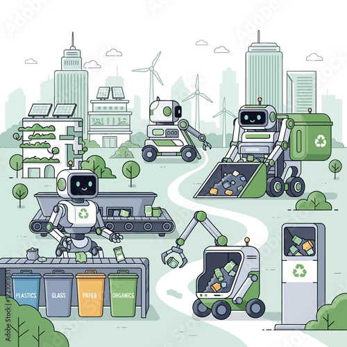 Robots diligently manage urban recycling and waste processing, showcasing futuristic sustainability and eco-friendly city solutions for a cleaner planet.