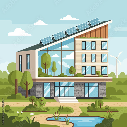 Sustainable modern home powered by solar panels and wind turbine amidst lush green landscape with pond