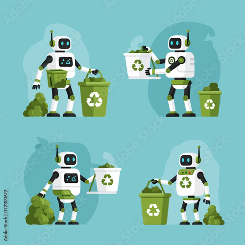 Smart robots diligently sort and collect waste for modern recycling initiatives, promoting a cleaner planet with eco-friendly technology