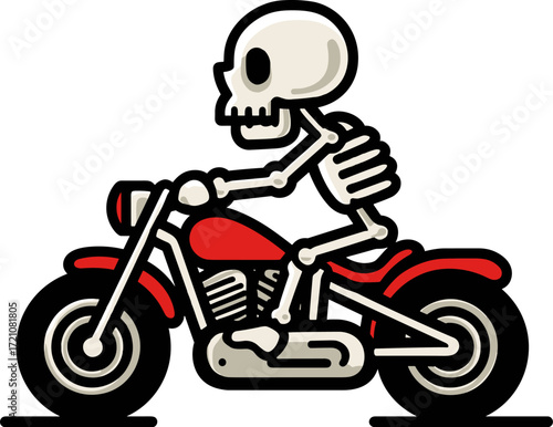 Skeleton rides a red motorcycle on a sunny day, showcasing fun and adventure in a playful cartoon style isolated on transparent background. Vector illustration.