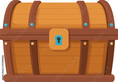 Treasure chest design with wooden texture and padlock in a simple cartoon style isolated on transparent background. Vector illustration.