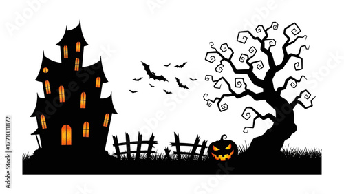 Spooky Halloween Night: A spooky illustration of a haunted house silhouette, eerie pumpkin, and twisted tree create an ominous atmosphere, perfect for Halloween themes.