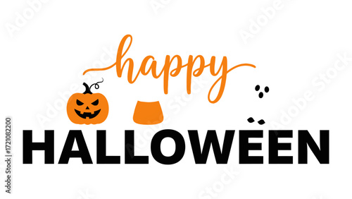 Happy Halloween Greeting: This vibrant and inviting graphic captures the essence of Halloween with an orange Jack-o'-lantern, ghostly figures, and a cheerful Happy Halloween greeting.