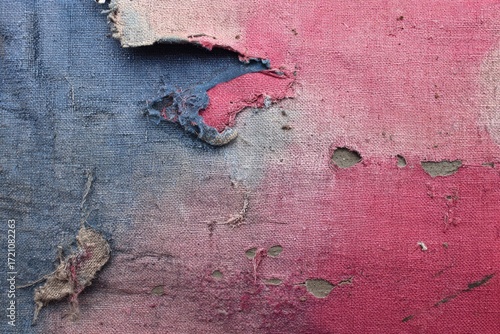 Torn, faded textile with red and blue hues