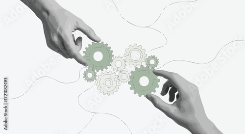Two hands connecting gears, symbolizing collaboration and teamwork.