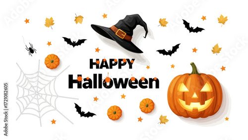 Halloween Night Imagery: A spirited composition celebrates Halloween with a central message surrounded by iconic seasonal symbols, conjuring the atmosphere of spooky, seasonal festivities.