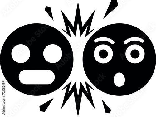 Two surprised faces colliding in a burst of confusion and shock