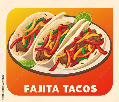 Three tempting soft shell fajita tacos resting on a round white plate vector icon. Each taco is filled with savory ground meat and fresh diced bell peppers cartoon illustration. A vibrant red salsa