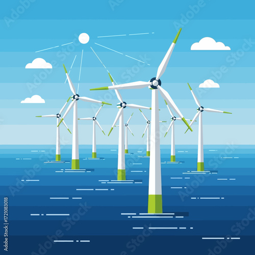 Vibrant offshore wind farm harnesses clean energy under a bright sunny sky with fluffy clouds dotting the horizon