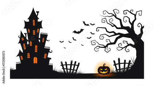 Spooky Halloween Scene: A chilling silhouette of a haunted house and eerie elements create a spooky Halloween scene, evoking the thrills and chills of All Hallows' Eve.
