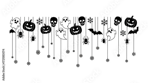 Spooky Halloween Decor: A monochrome illustration of playful Halloween-themed decorations, showcasing elements such as spooky pumpkins, grinning skulls, ethereal ghosts, delicate snowflakes, bats.