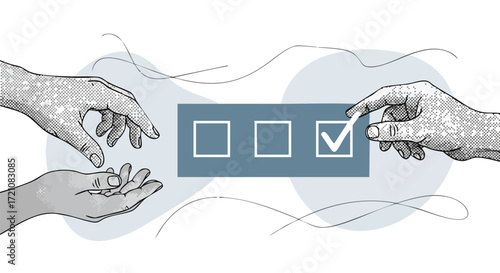 Illustration of hands interacting with a checklist, one hand marking a box while another pair of hands is open, symbolizing choice or collaboration.