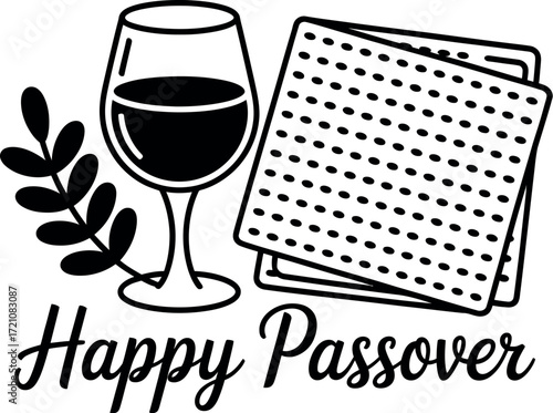 Celebratory Happy Passover illustration with matzah, wine, and olive branch