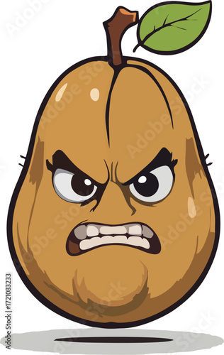 Angry Pear Cartoon Vector Illustration – Fierce Fruit Character with Leaf for Healthy Food