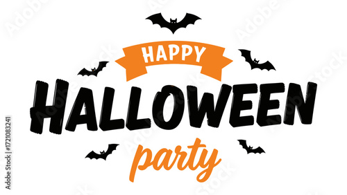 Happy Halloween Party: A festive Halloween party logo, featuring spooky black bats and an orange banner, perfect for seasonal celebrations and themed events.
