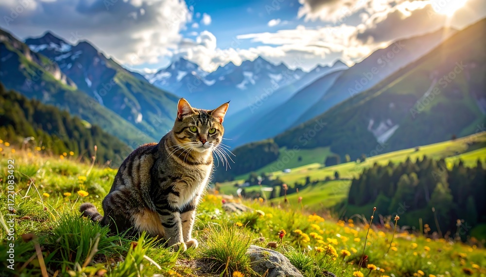 Fototapeta premium A tabby cat sits amidst wildflowers in a vibrant mountain meadow bathed in sunlight