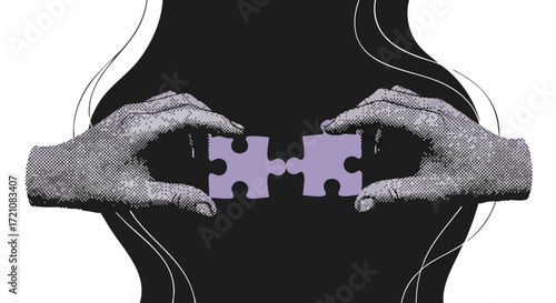 Hands connecting puzzle pieces, symbolizing collaboration, teamwork, and problem-solving in a creative context.