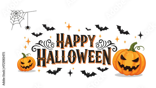 Happy Halloween: A vibrant Halloween illustration featuring grinning Jack-o'-lanterns, bats, stars, and a spider web against a festive backdrop, capturing the spirit of the holiday.