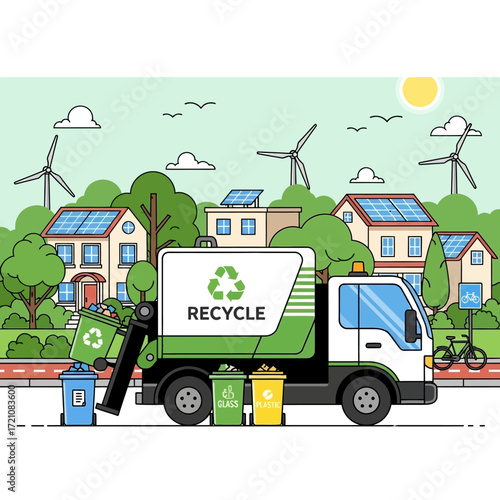 Sustainable community embraces recycling with eco-friendly truck collecting waste amidst wind turbines and solar-powered homes.