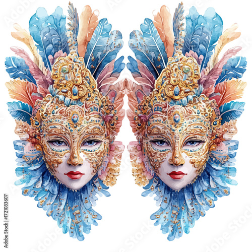 Bolivian Golden Masks, watercolor painting vector, isolated on a white background.
