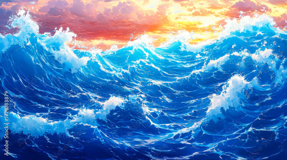 Obraz premium Vibrant Anime Style Ocean Waves during Sunset with Dynamic Blue and Orange Hues, Depicting Energy and Serenity in Nature, Ideal for Themes of Adventure, Fantasy and Seascape Artwork