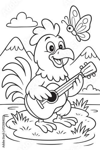 Rooster and Butterfly Coloring Page