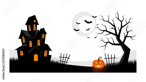 Spooky Halloween Scene: A haunting scene, with a haunted house, lit pumpkin, bare tree, bats, and a full moon, creating a classic Halloween silhouette.