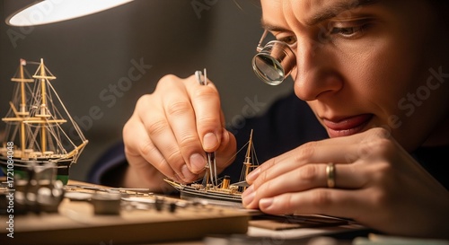 A diligent model maker meticulously building a tiny ship under a magnifying glass.