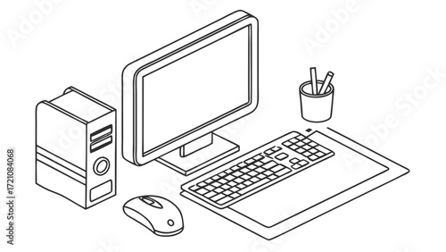 Isometric Line Art Desktop Computer Setup with Monitor, Keyboard, Mouse, PC Tower, and Pen Holder - Minimalist Office Workstation Outline Drawing