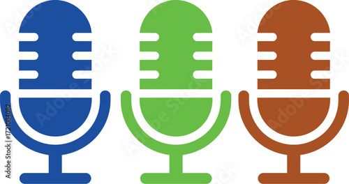 Three colorful microphones arranged in a row, symbolizing communication and broadcasting.