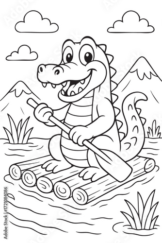 Crocodile on a Raft Coloring Page