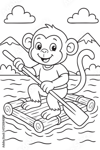 Monkey on a Raft Coloring Page
