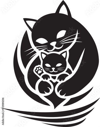 Black Silhouette of Mother Cat Hugging Kitten animal