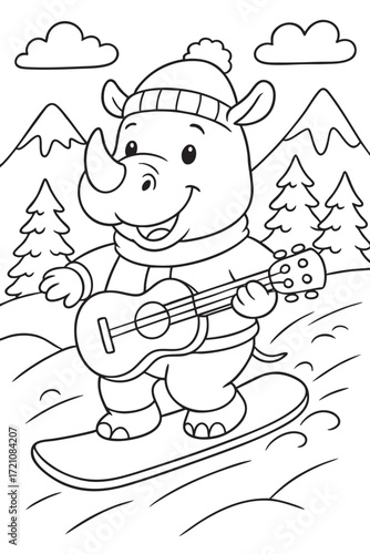 Rhinoceros Snowboarding in the Mountains Coloring Page
