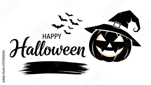 Spooky Halloween Greeting: A whimsical depiction of a grinning pumpkin wearing a witch's hat, accompanied by a playful gathering of bats and the festive words Happy Halloween.