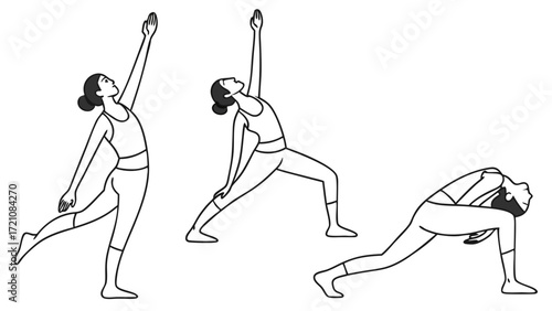 Minimalist Line Art Set: Woman Practicing Diverse Yoga Poses for Fitness, Balance, and Wellness